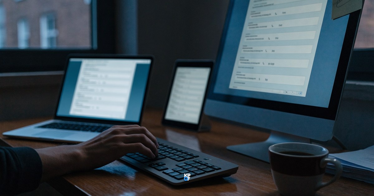 Dunkler Schreibtisch in blauem Abendlicht mit drei Bildschirmen, Laptop, Tablet und Monitor zeigen dasselbe Formular, eine Hand tippt auf der Tastatur, daneben eine Tasse Kaffee