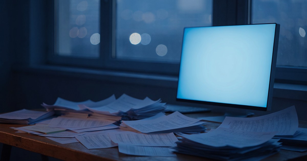 Schreibtisch voller ausgedruckter Listen und Papierstapel vor einem hell leuchtenden Monitor am Abend
