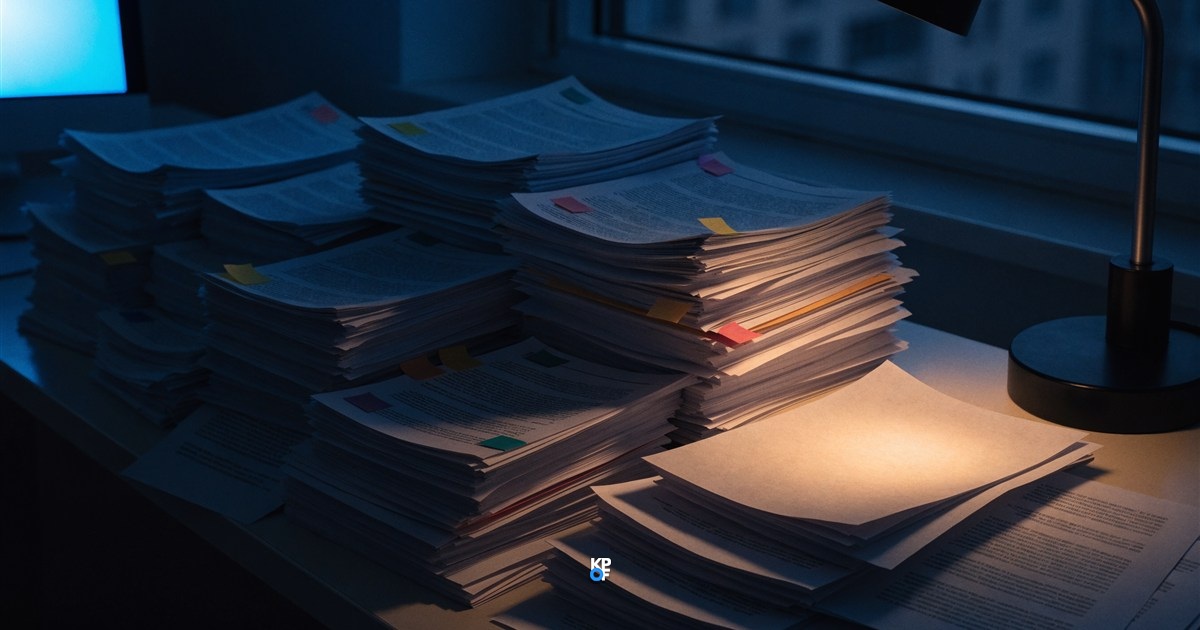 Mehrere hohe Papierstapel mit bunten Haftnotizen auf einem Schreibtisch im blauen Halbdunkel, rechts eine Lampe, die ein einzelnes Blatt warm anleuchtet
