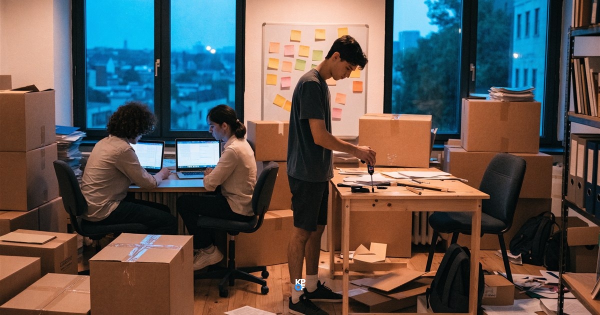 Junges Team in einem Büro voller Umzugskartons im blauen Abendlicht, zwei Mitarbeiter arbeiten an Laptops, ein dritter stempelt Unterlagen an einem Holztisch, im Hintergrund ein Whiteboard voller Haftnotizen