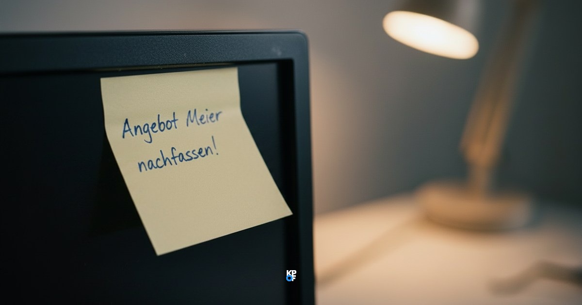 Ein gelber Haftzettel mit der handschriftlichen Notiz „Angebot Meier nachfassen!" klebt am Rand eines dunklen Monitors im abendlichen Büro.