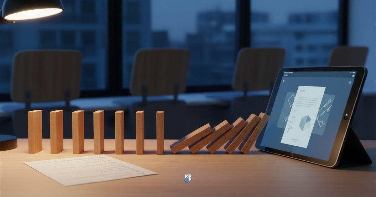 Eine Reihe fallender Dominosteine führt auf einem Schreibtisch von einem Papierdokument zu einem Tablet mit Rechnungsansicht.