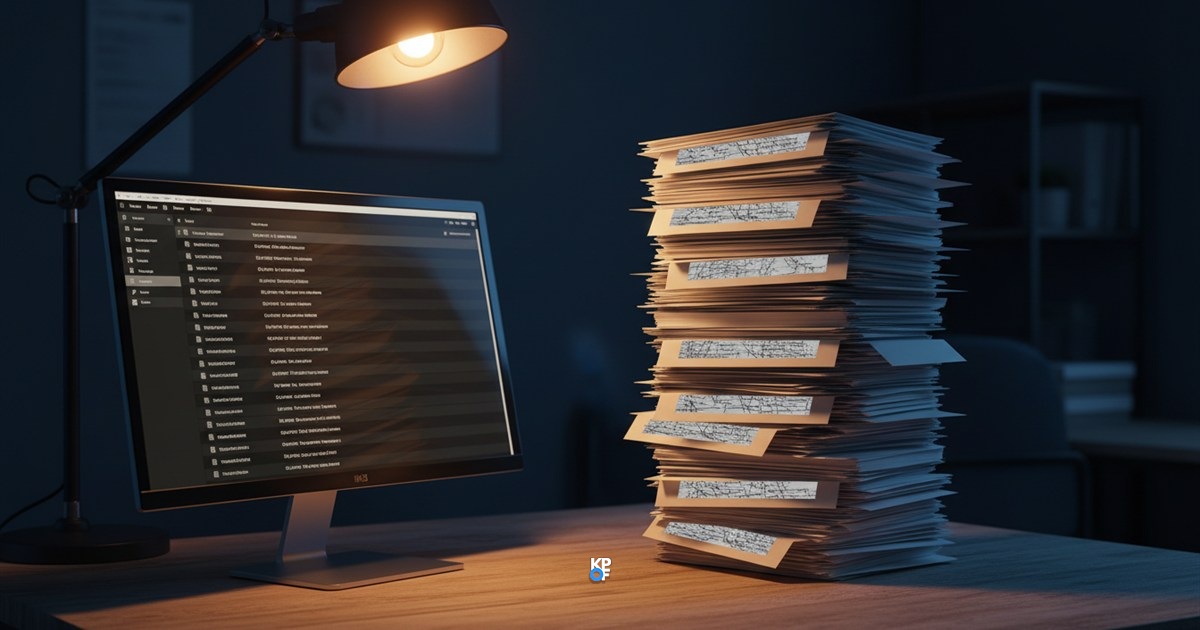 Ein Stapel Papierrechnungen in Fensterumschlägen neben einem Monitor mit aufgeräumter digitaler Rechnungsliste im abendlichen Büro.