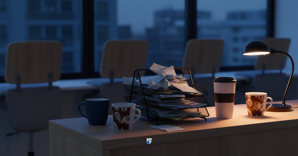 Ein überquellender Briefkorb voller Zettel auf einem Empfangstresen, daneben mehrere Kaffeetassen im Abendlicht.