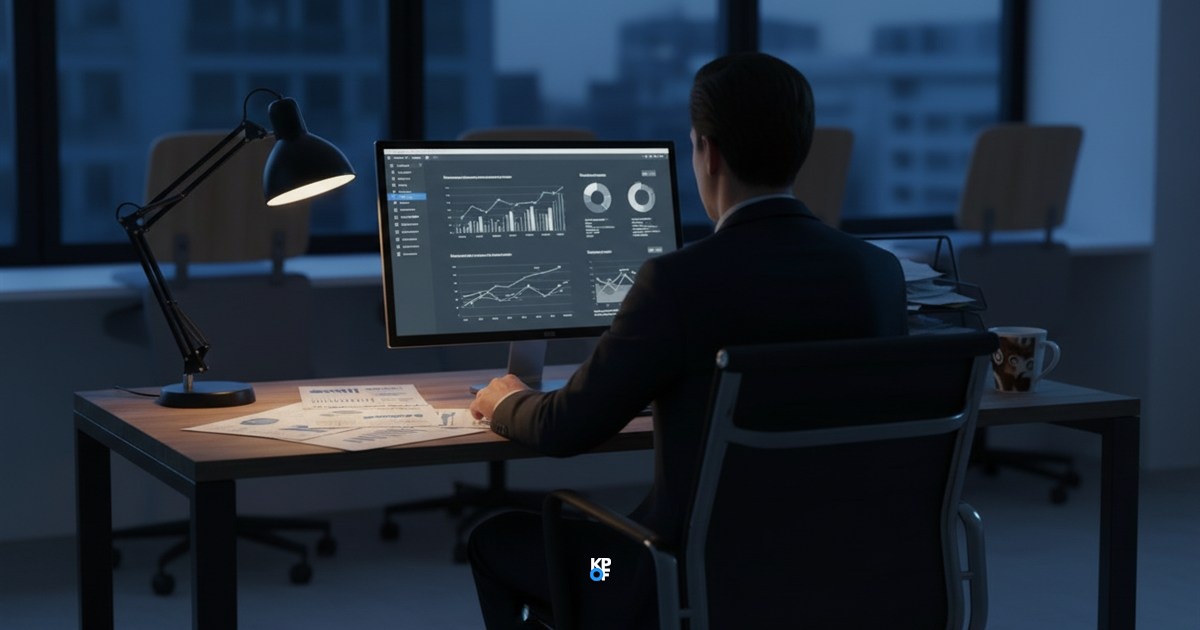 Eine Person sitzt abends vor einem großen Monitor mit Diagrammen, auf dem Schreibtisch liegen ausgedruckte Auswertungen.
