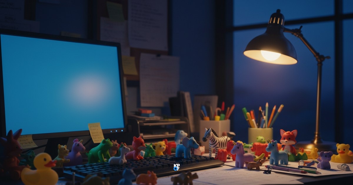 Viele bunte Spielzeugtiere stehen um eine Tastatur vor einem leuchtenden Monitor auf einem Schreibtisch am Abend.