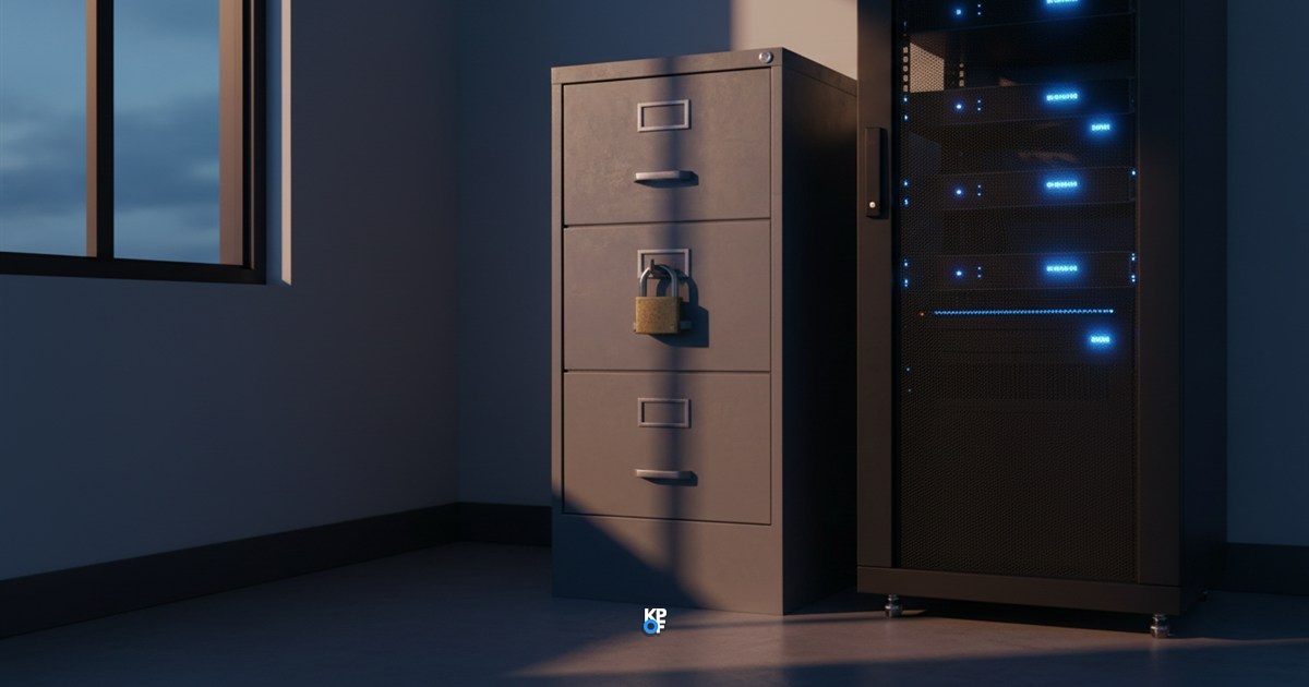 Abgeschlossener Aktenschrank mit Vorhängeschloss neben einem modernen Serverschrank mit blauen Lichtern in einem Büroraum.
