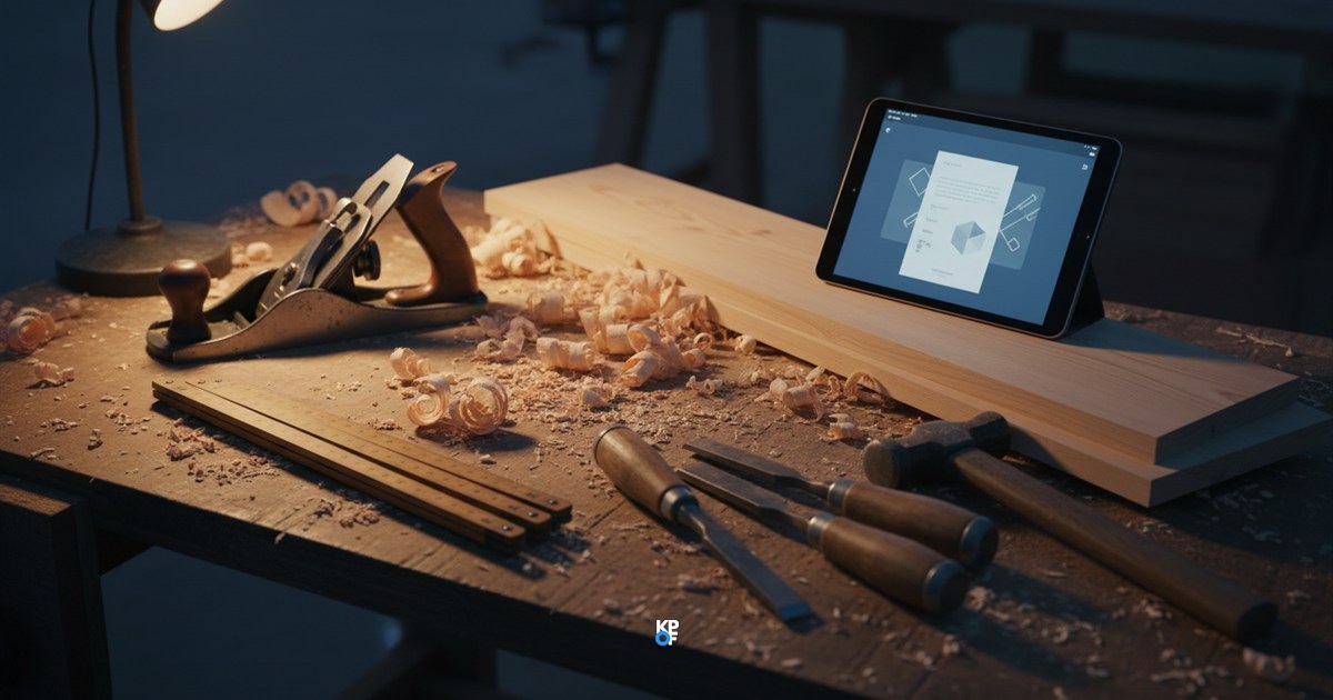 Werkbank mit Hobel, Holzspänen und Werkzeug, daneben lehnt ein Tablet mit leuchtendem Bildschirm an einem Stapel Bretter.