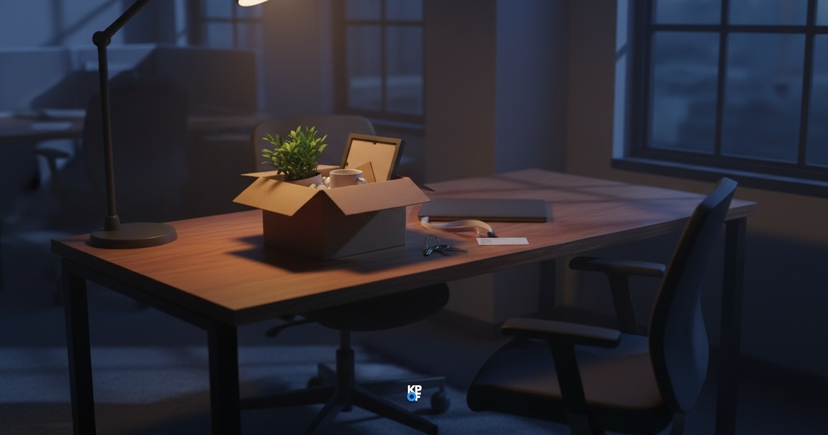 Ein leerer Büroschreibtisch am Abend, darauf ein Umzugskarton mit Pflanze und Tasse, daneben ein zugeklappter Laptop, ein Schlüsselbund und ein Band mit einer leeren Zugangskarte.