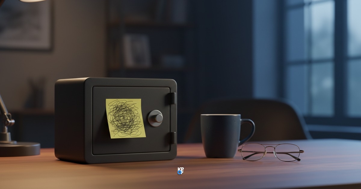 Ein kleiner dunkler Tresor auf einem Holzschreibtisch, auf seiner Tür klebt ein gelber Haftzettel mit gekritzelten Linien, daneben eine Tasse und eine Brille im Abendlicht.