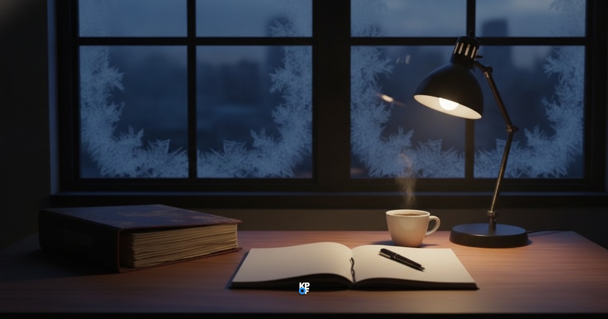 Ein Schreibtisch am vereisten Fenster in der Morgendämmerung: links ein alter, dicker Ordner, in der Mitte ein aufgeschlagenes leeres Notizbuch mit Stift, daneben eine dampfende Tasse Kaffee.