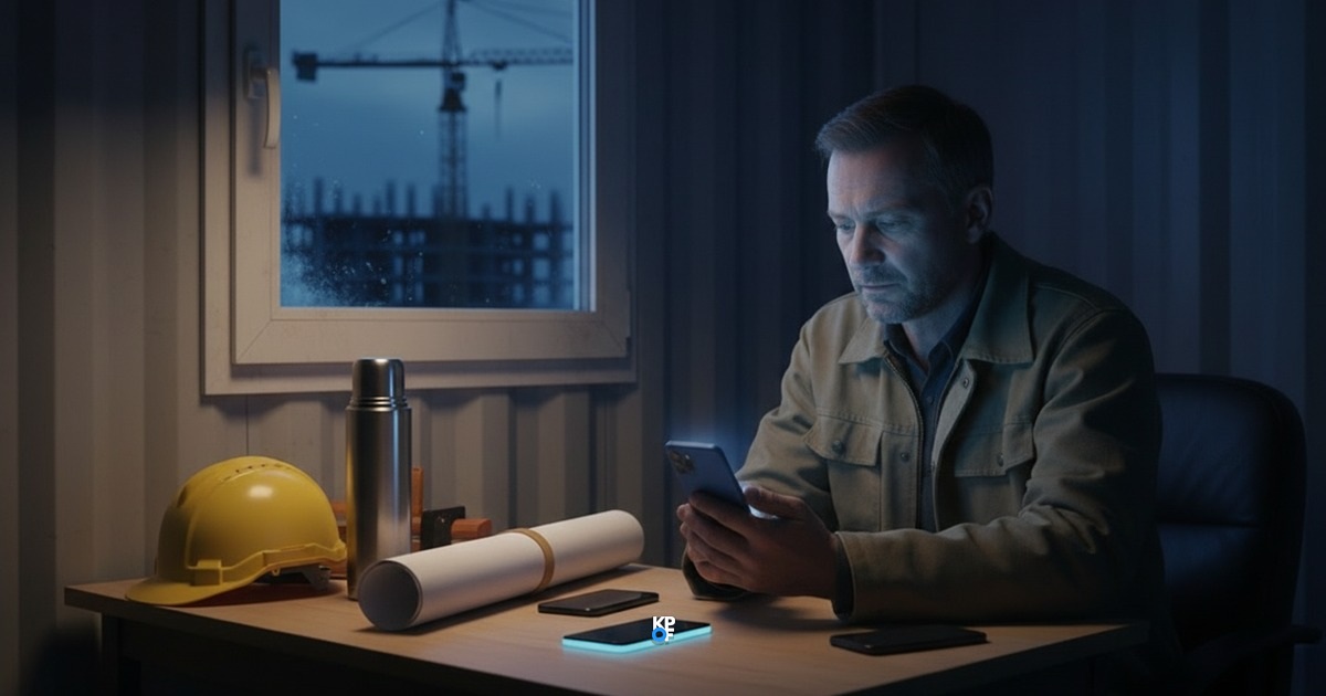 Ein Handwerker sitzt abends im Baucontainer und schaut müde auf sein Smartphone, vor ihm liegen ein gelber Bauhelm, ein Bauplan und weitere Handys.